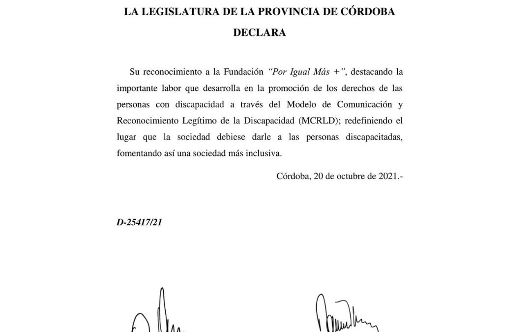 La Legislatura de Córdoba declaró de interés el trabajo DE POR IGUAL MÁS