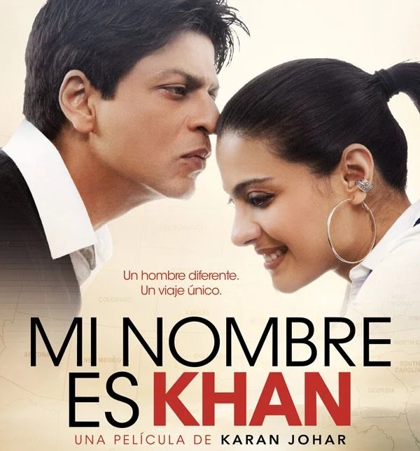 POrtada de la película "MI nombre es Khan", un hombre apoya su nariz en la frente de una mujer. Ella sonríe.