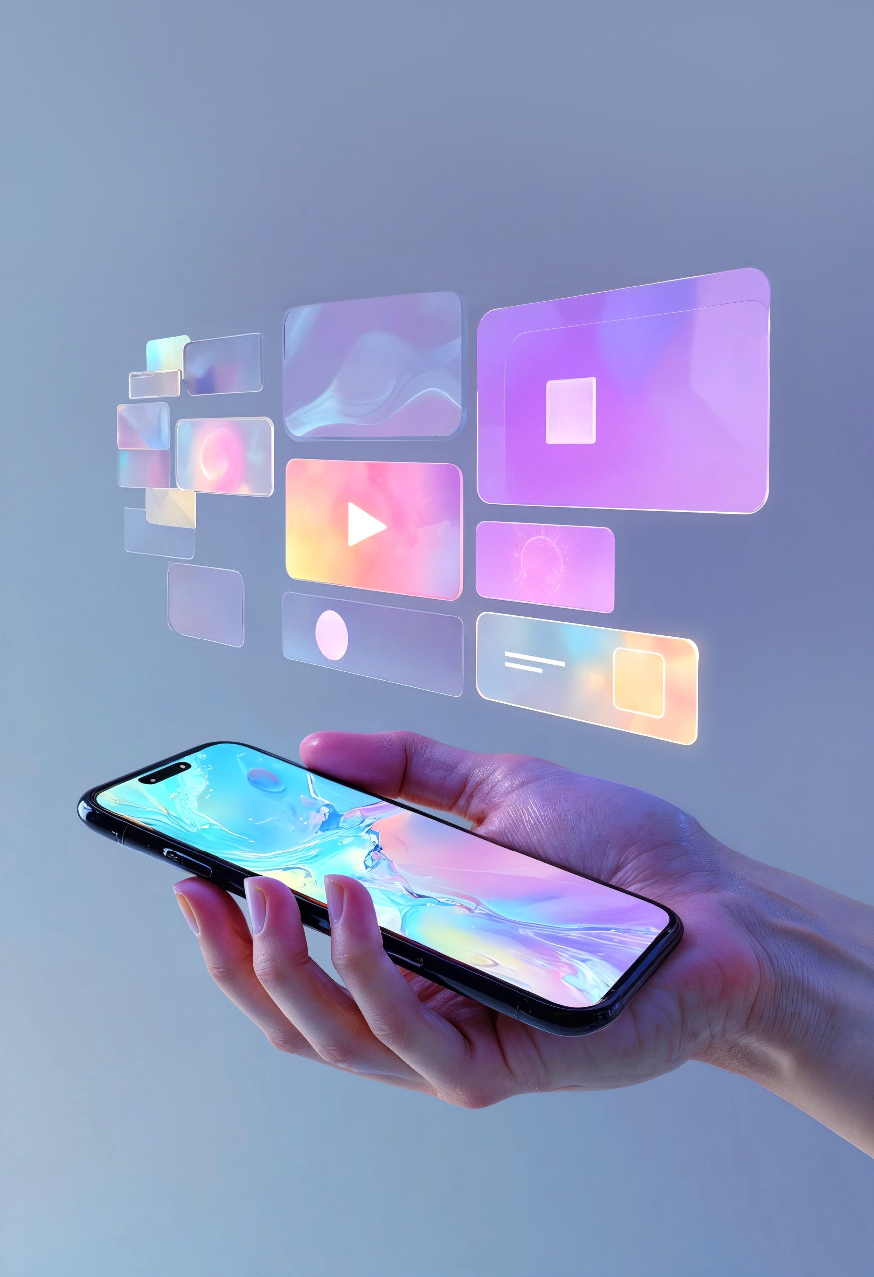 Mano sosteniendo un celular que refleja diferentes figuras y aplicaciones