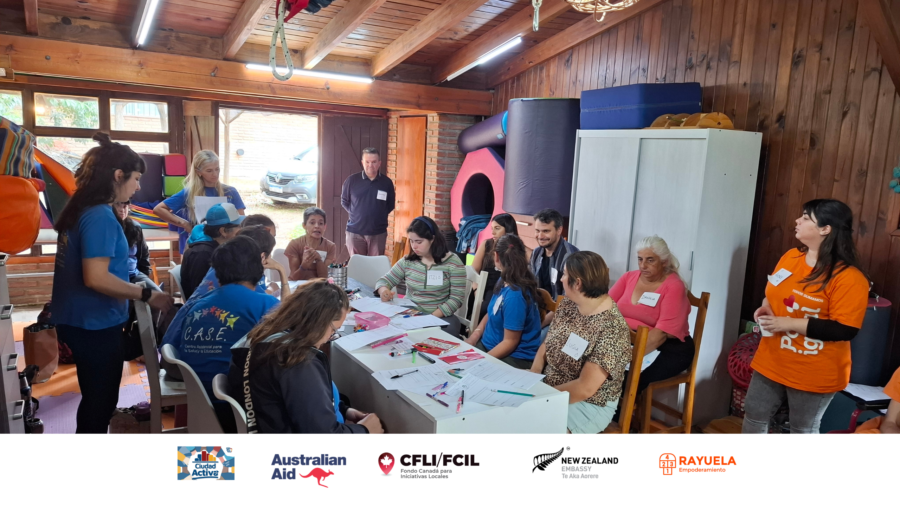 Grupo de personas participando en un taller o reunión participativa alrededor de una mesa llena de papeles en un salón con paredes de madera. En el pie de la imagen se destacan los logos de las organizaciones e instituciones colaboradoras: Ciudad Activa, Australian Aid, CFLI/FCIL (Fondo Canadá para Iniciativas Locales), Embajada de Nueva Zelanda y Rayuela Empoderamiento.