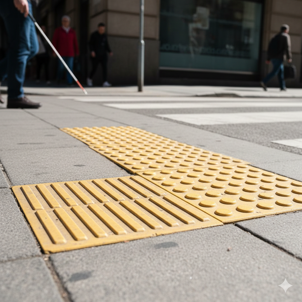 Gemini_Generated_Image_2zroo02zroo02zro Se ve un piso podotáctil en primer plano. A lo lejos, una persona camina con bastón blanco.