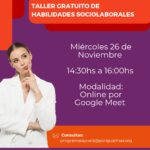 una mujer piensa y luego informacion del dia y hora del taller y explica q es por plataforma meet