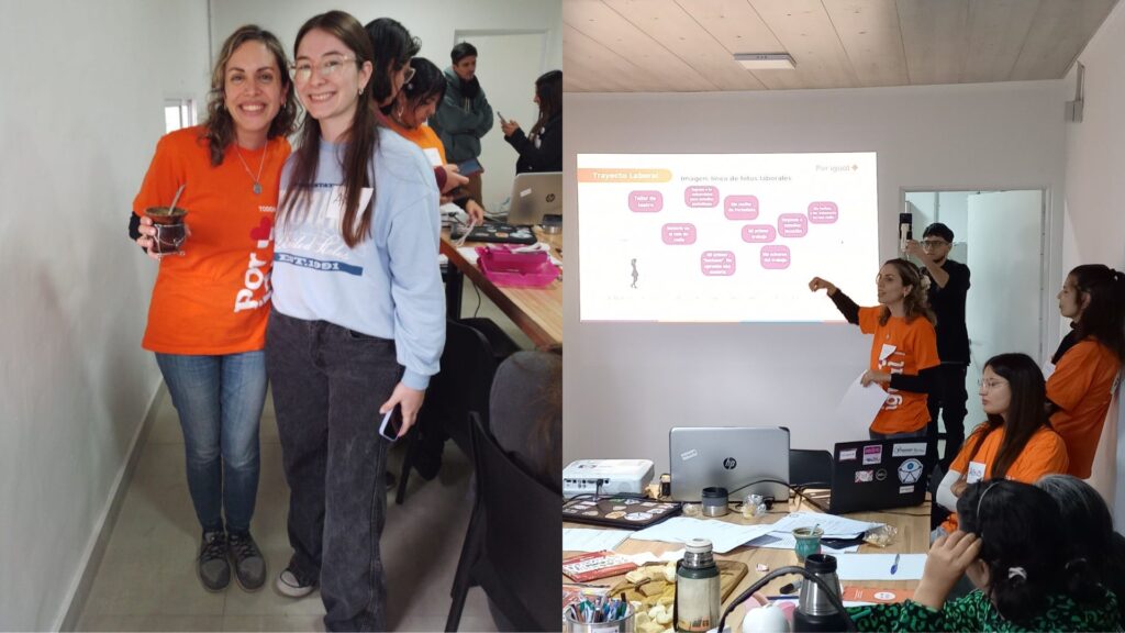 "Collage de dos fotos: a la izquierda, una integrante de Por Igual Más y una joven sonríen sosteniendo un mate. A la derecha, una capacitadora señala una proyección sobre el 'Trayecto Laboral' frente a un grupo de mujeres en un taller de formación para el empleo."