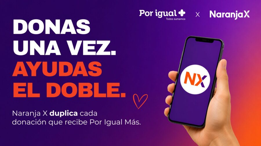 un celular con el logo de naranja x y la frase Dona una Vez y ayudas el doble