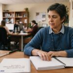 una mujer leyendo braille