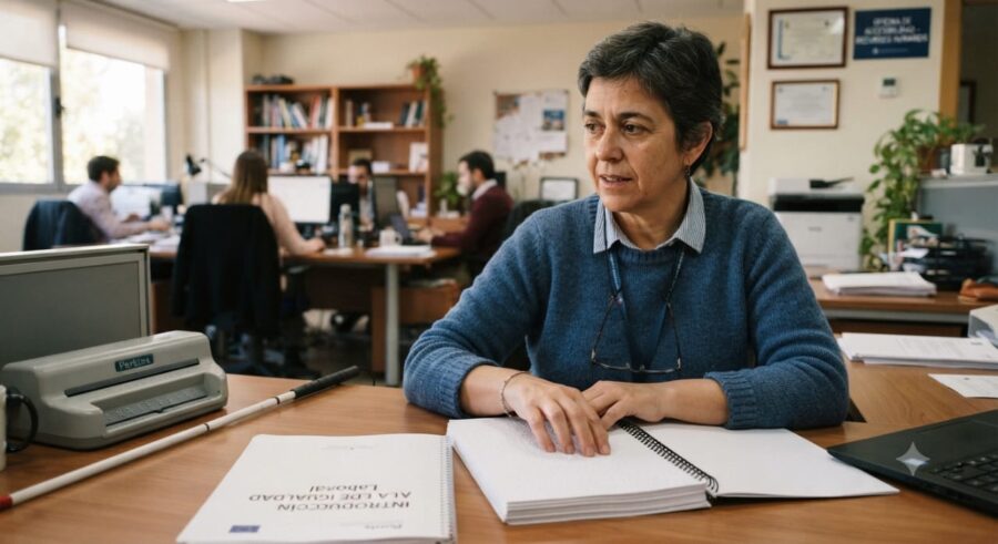 una mujer leyendo braille