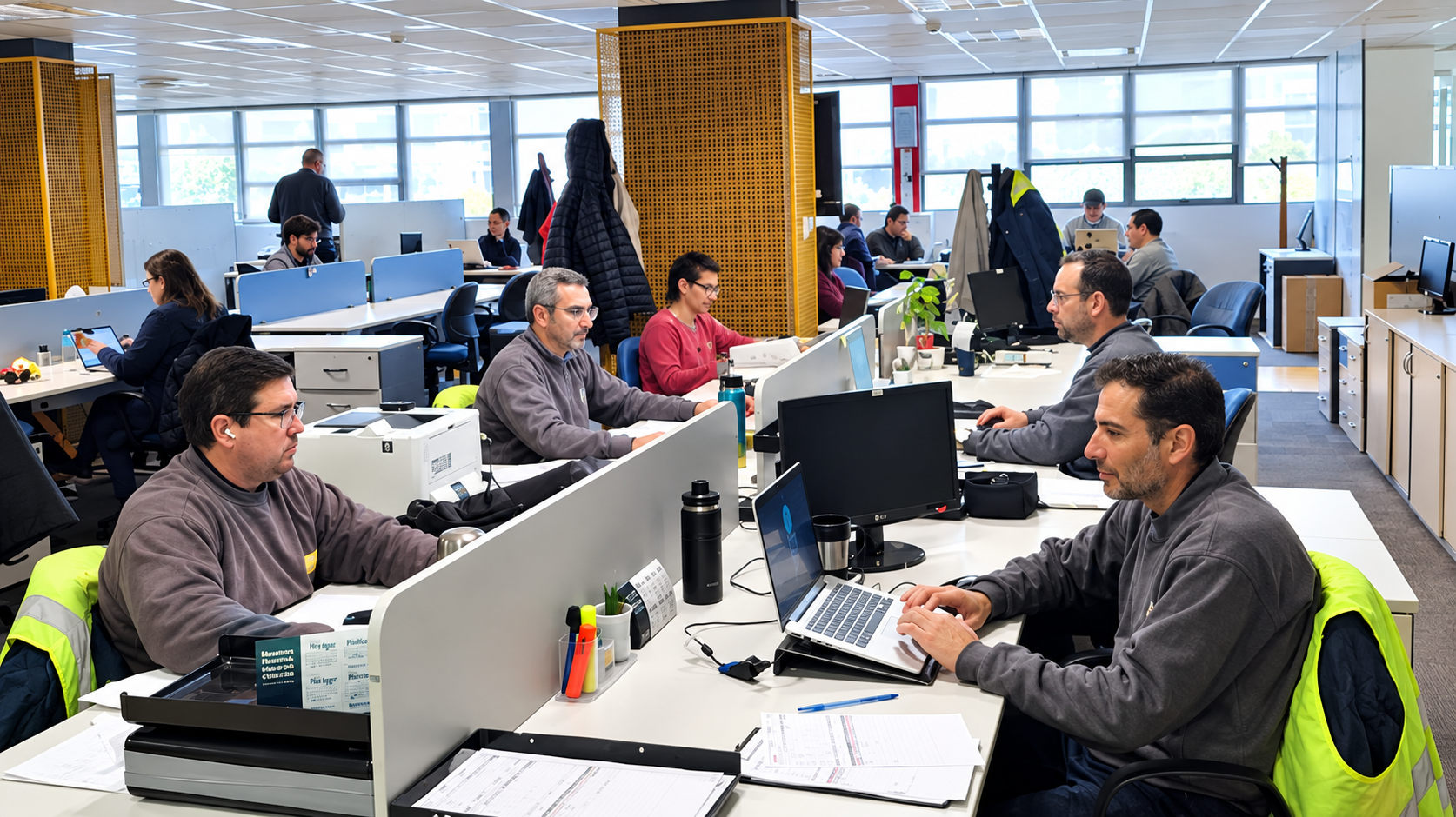Oficina moderna en plena jornada laboral Vista amplia de una oficina de planta abierta iluminada con luz natural, donde varios empleados trabajan en escritorios individuales equipados con computadoras portátiles y monitores. En primer plano, se observa a varios hombres trabajando concentrados en sus estaciones de trabajo.